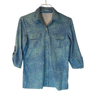 J. McLaughlin Monroe Blue Leopard Shirt 3/4 Sleeve Button Collar Stretch Women M